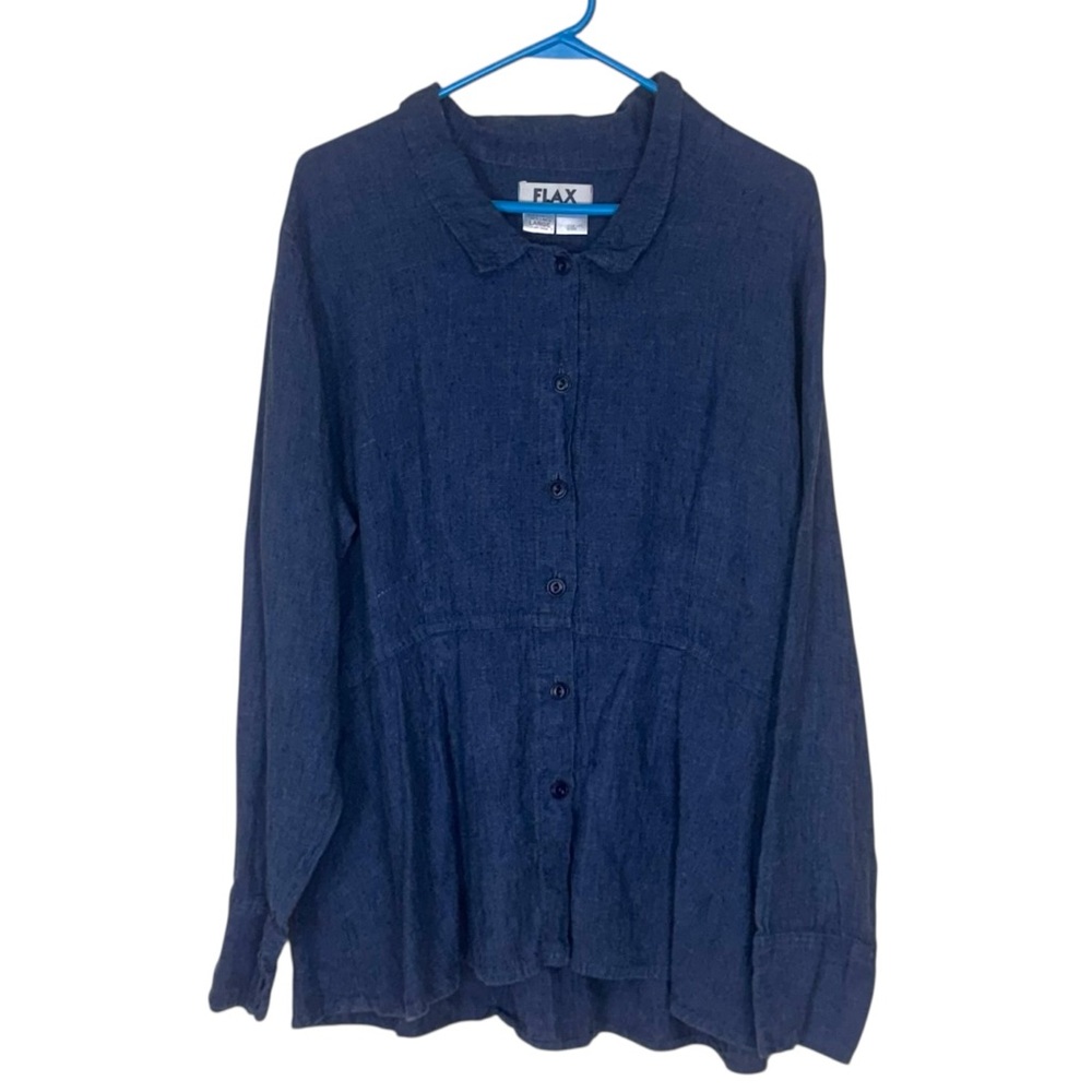 Flax Long Sleeve Button Down Shirt 100% Linen Blouse Size Large Blue Vintage